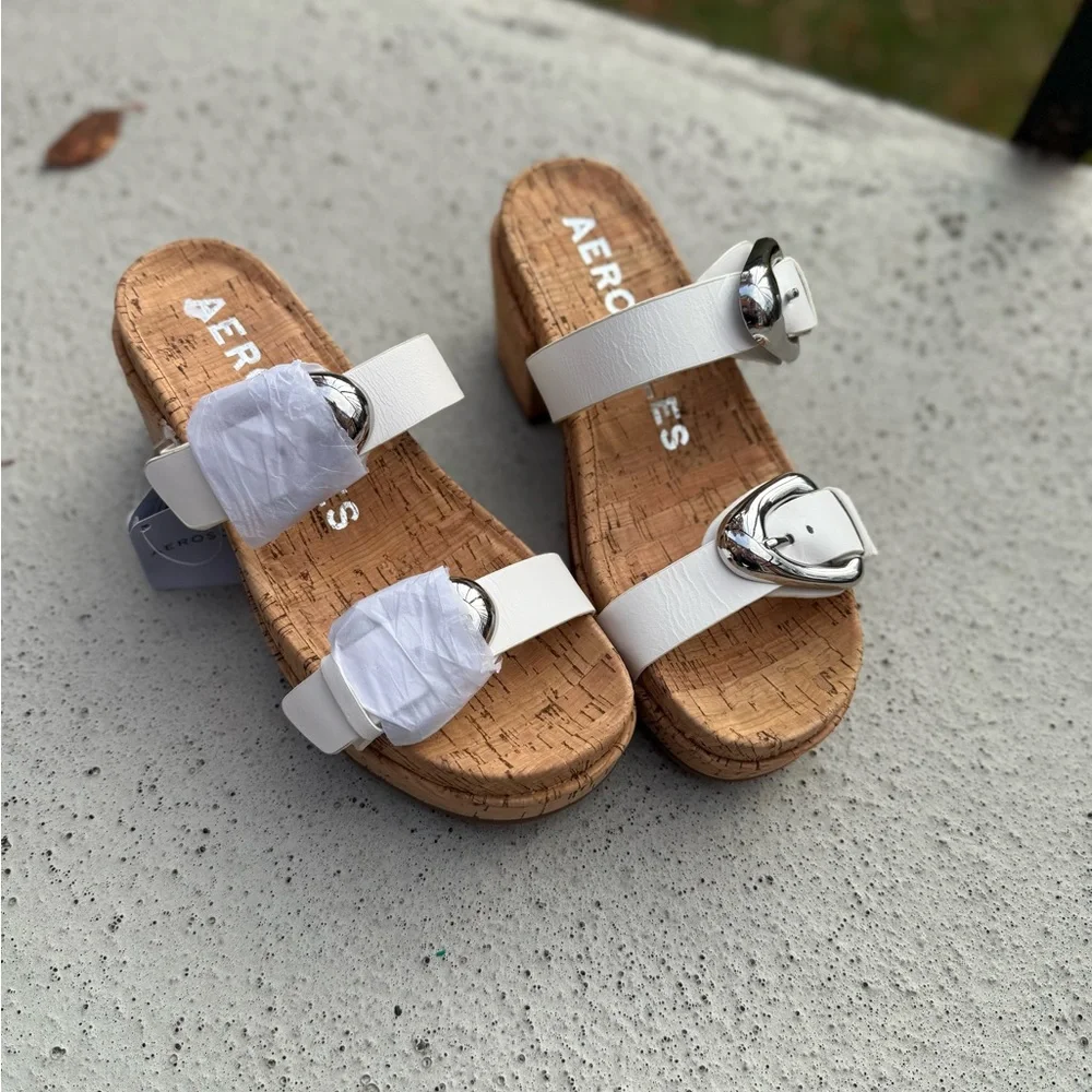 AEROSOLES White Cork Slide Sandals with Shiny Silver Buckles - Picture 10 of 10